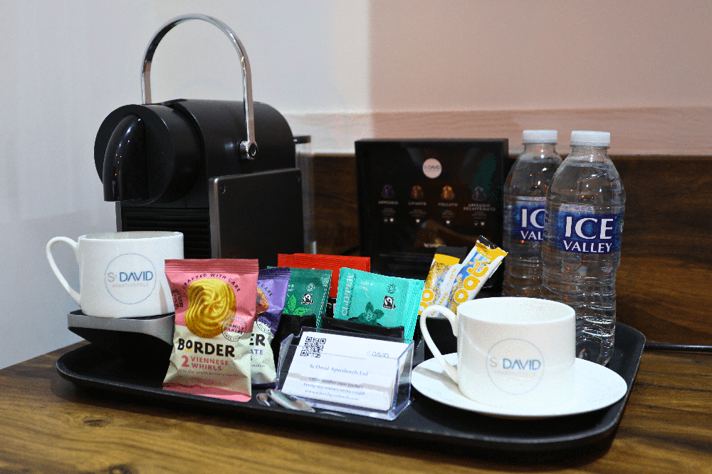 Detail of coffee making facilities in The Old Lyric Hall, Aparthotel, Barrow-in-Furness