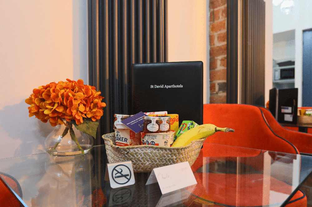Welcome basket in a Twin Room in The Old Lyric Hall, Aparthotel, Barrow-in-Furness